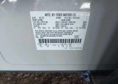 2022 Lincoln Nautilus Standard z USA, uszkodzony, nr VIN 2LMPJ6J9XNBL07600